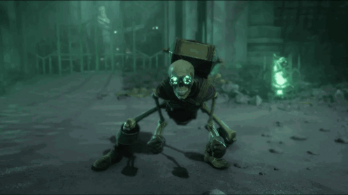 A Skeleton With A Shield And A Sword Is In A Dark Room GIF