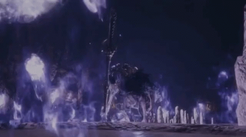 A Skeleton With A Sword Stands In A Dark Room GIF