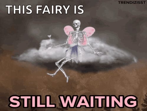 A Skeleton With Fairy Wings Is Sitting On A Cloud With The Words This Fairy Is Still Waiting Below It GIF