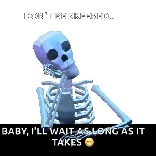 A Skeleton With The Words " Baby I 'Ll Wait As Long As It Takes " On The Bottom GIF