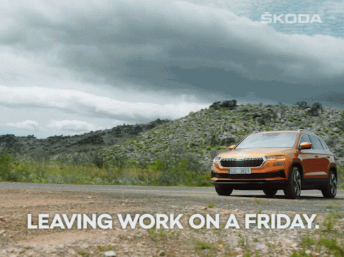 A Skoda Car Is Driving Down A Road With The Words Leaving Work On A Friday GIF