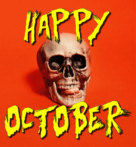 A Skull Blowing Bubble Gum With The Words Happy October GIF