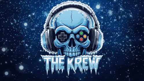 A Skull With Headphones And A Video Game Controller With The Words The Krew Written Below It GIF