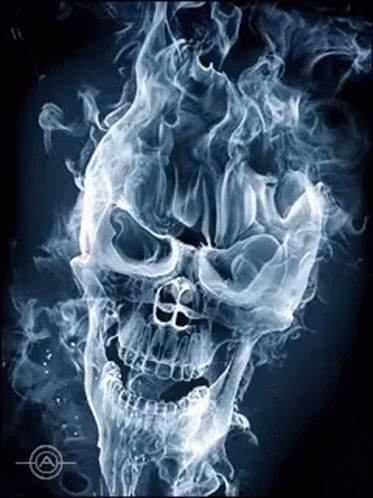 A Skull With Smoke Coming Out Of It 'S Mouth On A Black Background . GIF