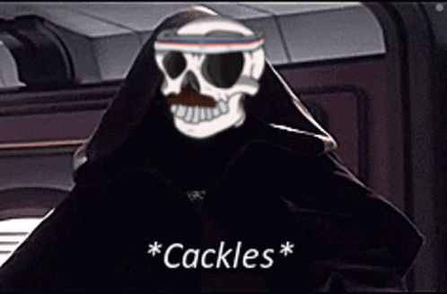A Skull With Sunglasses And A Mustache Is Wearing A Black Hooded Jacket And Says " Cackle " GIF