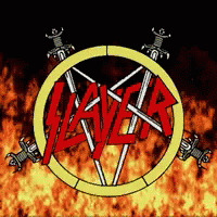 A Slayer Logo With Swords In A Circle Of Fire GIF