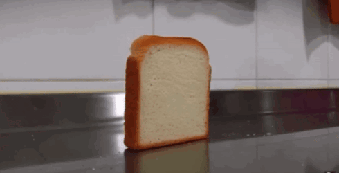 A Slice Of Bread Is Sitting On A Counter In Front Of A Wall . GIF