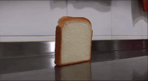 A Slice Of Bread Is Sitting On A Counter In Front Of A Wall . GIF