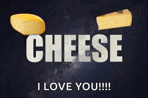 A Slice Of Cheese Is Flying Through The Air With The Words `` Cheese I Love You '' In The Background . GIF