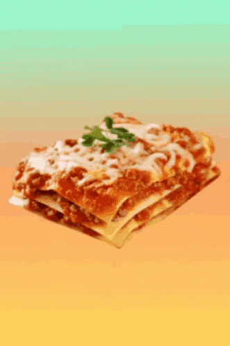 A Slice Of Lasagna With Sauce And Cheese On A Yellow And Blue Background . GIF