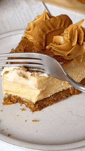 A Slice Of Peanut Butter Pie On A Plate With A Fork In It GIF