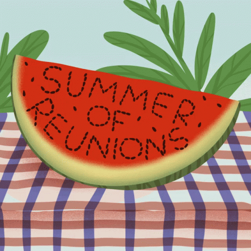 A Slice Of Watermelon On A Checkered Table Cloth That Says Summer Reunions GIF
