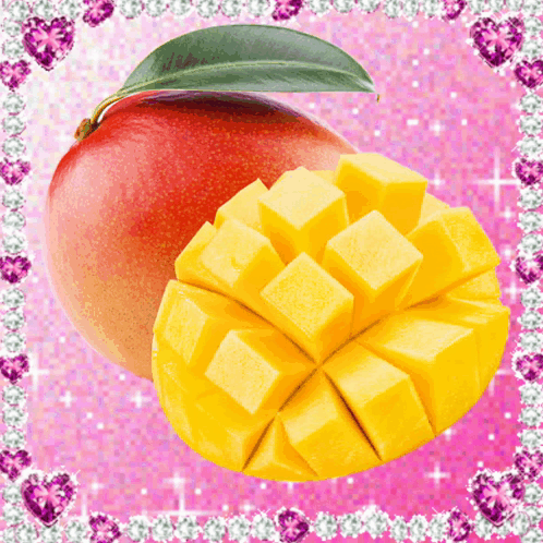 A Sliced Mango With A Green Leaf On A Pink Background With Hearts GIF