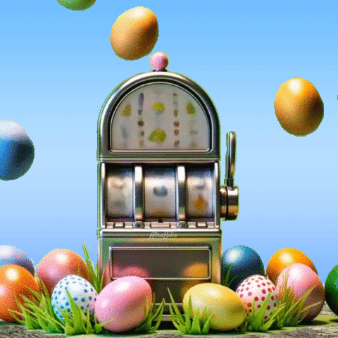 A Slot Machine With Easter Eggs Coming Out Of It And A Blue Sky In The Background GIF