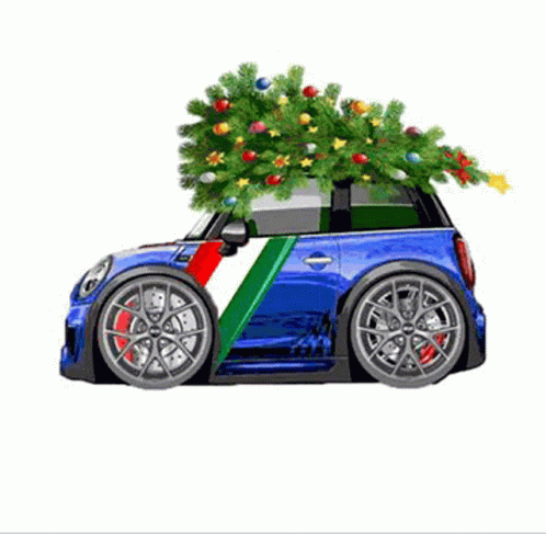 A Small Blue Car With A Christmas Tree On Top Of It GIF