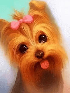 A Small Brown Dog With A Pink Bow On Its Head Sticking Its Tongue Out GIF