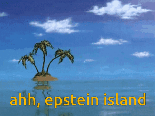 A Small Island With Palm Trees In The Middle Of The Ocean With The Words Ahh Epstein Island Below It GIF