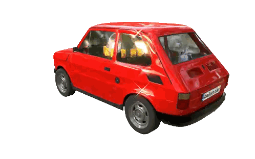 a small red car with a black stripe on the side of it