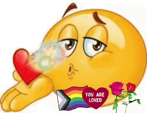 A Smiley Face Blowing Soap Bubbles With A Red Heart That Says You Are Loved GIF