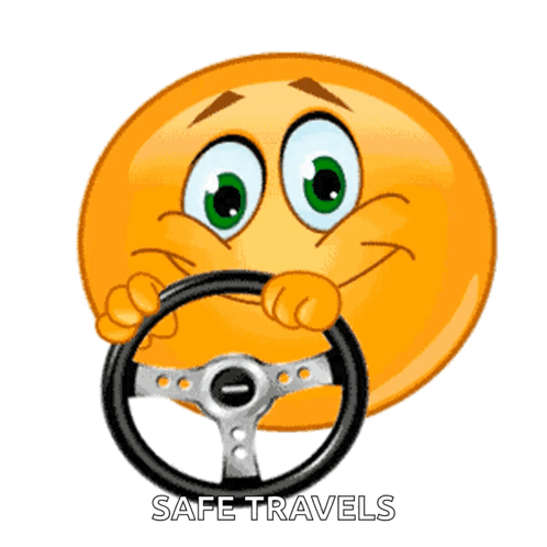A Smiley Face Holding A Steering Wheel With The Words Safe Travels Written Below It GIF