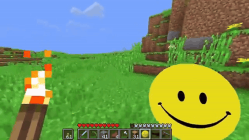 A Smiley Face In A Video Game With A Torch In The Background GIF