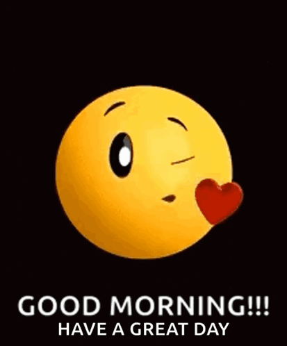 A Smiley Face Is Blowing A Kiss With A Heart In Its Mouth And Says `` Good Morning !!! Have A Great Day '' . GIF