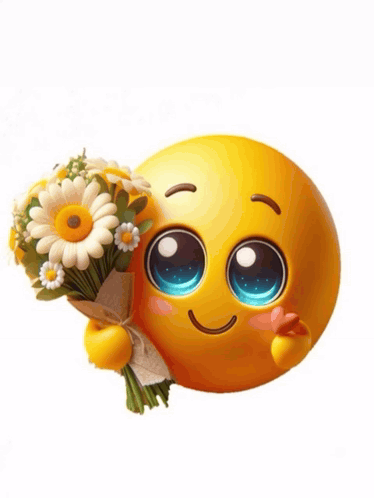 A Smiley Face Is Holding A Bouquet Of Flowers GIF