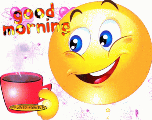 A Smiley Face Is Holding A Cup Of Coffee And The Words Good Morning Are Above It GIF