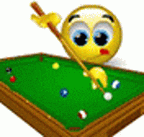 A Smiley Face Is Playing Pool On A Pool Table With A Cue . GIF
