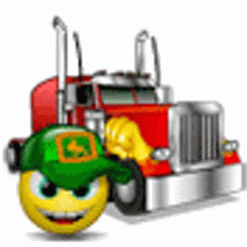 A Smiley Face Is Wearing A Green Hat And Standing Next To A Semi Truck . GIF