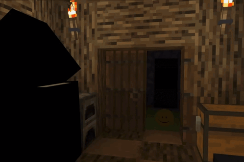 A Smiley Face Sits In A Dark Room In A Minecraft Game GIF