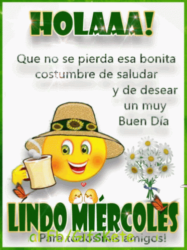 A Smiley Face With A Hat Holding A Cup Of Coffee And Flowers GIF