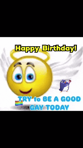 A Smiley Face With Angel Wings And The Words Happy Birthday GIF