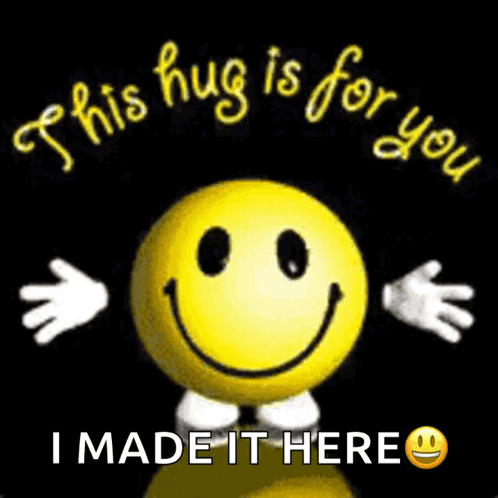 A Smiley Face With Arms And Legs On A Black Background With The Words `` This Hug Is For You '' . GIF