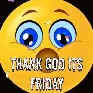 A Smiley Face With Blue Eyes And The Words Thank God Its Friday GIF