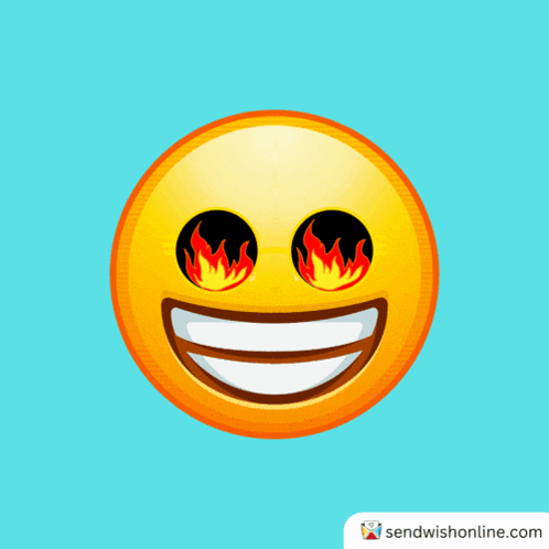 a smiley face with flames in its eyes and a smile