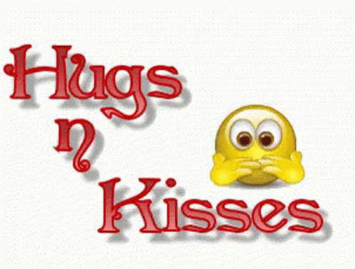 A Smiley Face With Hearts And The Words Hugs N Kisses Above It GIF