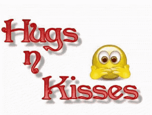 A Smiley Face With Hearts And The Words Hugs N Kisses Behind It GIF