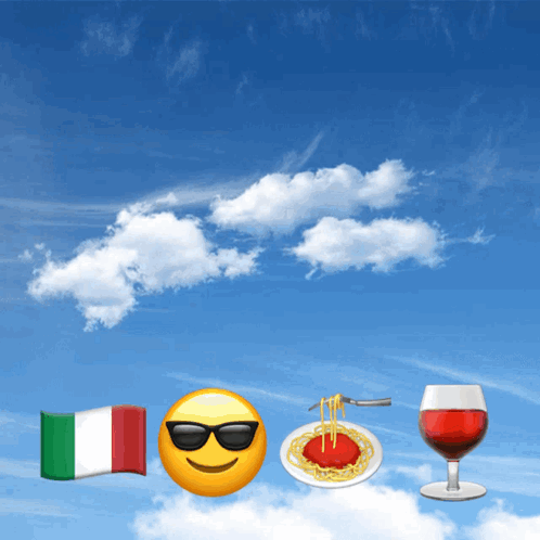 A Smiley Face With Sunglasses And A Plate Of Spaghetti And A Glass Of Wine GIF