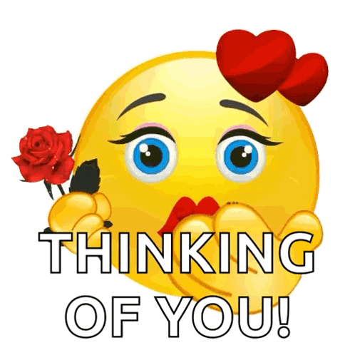 A Smiley Face With Two Hearts On Its Head And The Words Thinking Of You Written Below It GIF