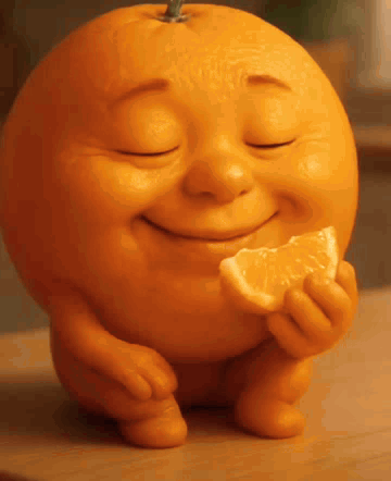 a smiling orange is holding a slice of orange .