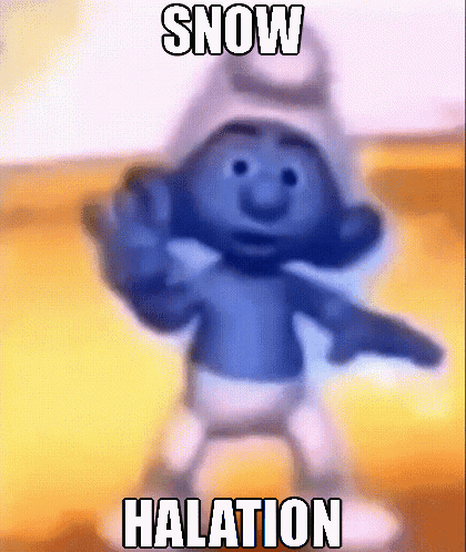 A Smurf Is Dancing With The Words Snow Halation Written Above Him . GIF