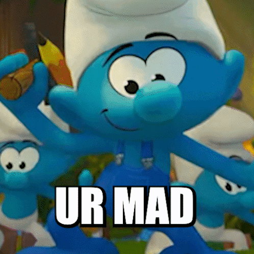 A Smurf Is Holding A Banana And The Word Ur Mad Is Below Him GIF