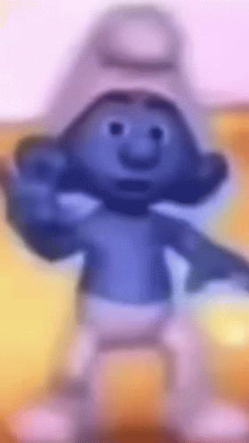 a smurf is standing on a yellow surface and giving a middle finger .