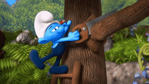 A Smurf Is Using A Saw To Cut A Tree Trunk GIF