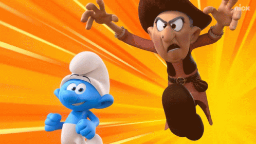 A Smurf Standing Next To A Pirate With A Nick Logo On The Bottom Right GIF