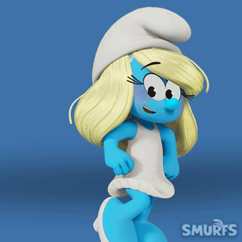 A Smurf Wearing A White Dress And A Hat GIF