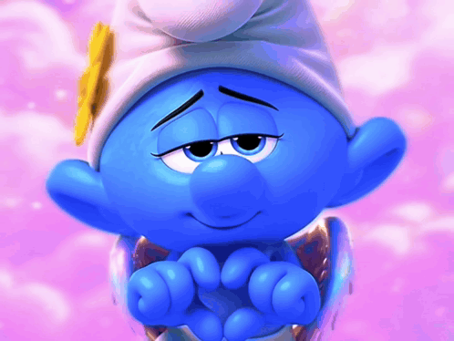 A Smurf Wearing A White Hat And A Flower On It GIF