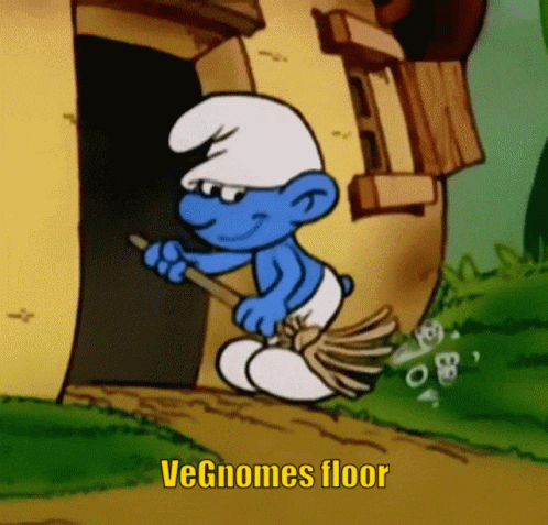 A Smurf With A Broom And The Words " Vegnoms Floor " On The Bottom GIF