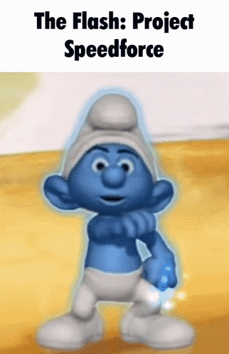 A Smurf With The Words " The Flash : Project Speedforce " Above Him GIF